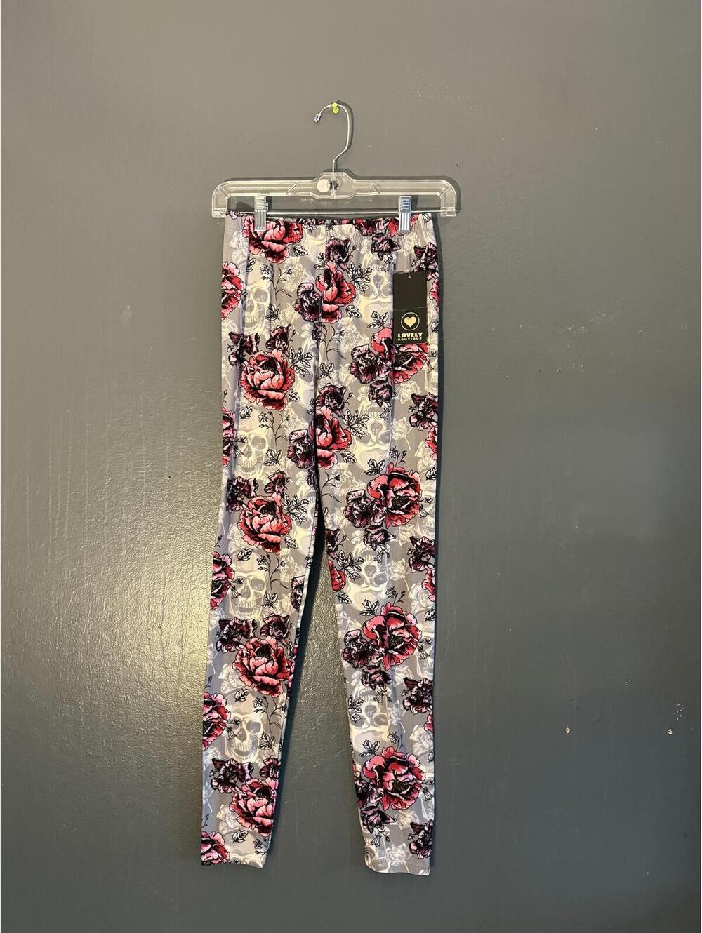 New Mix Women's Gray and Pink Skull and Flower Patterned Ankle Leggings - New w/